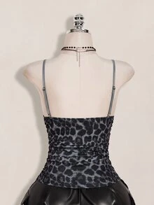 SHEIN ICON 大尺碼女款蕾絲拼接豹紋細肩帶背心 - 灰色 - 查看 2