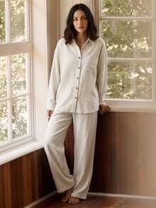 Livesso Women's Solid Color Single-Breasted Long Sleeve Top And Pants Casual Daily Loungewear Set - Beige - View 10