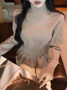 Joudiya Autumn/Winter High Neck Ruffle Hem Waist-Cinching Long Sleeve Knit Slim Fit Elegant Elegant Commute Date Women's Sweater - Camel - View 2