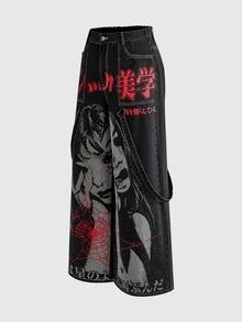ROMWE Grunge Punk Japanese Punk Plus Size Women's Wide Leg Denim Jeans, Cartoon Character Spider Web Print Black & Red Contrast Design, Punk Music Festival Street Long Pants - Black - View 3