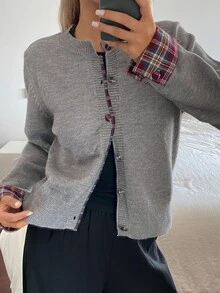 Livesso Women's Grey Round Neck Button Cable Knit Long Sleeve Slim Fit Ribbed Cardigan, Autumn/Winter - Grey - View 5