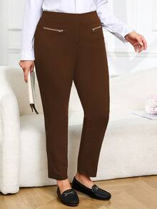 Plus Size Women Solid Color Casual Daily Wear Long Pants - Brown - View 3