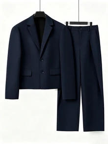 HUEFORM Men's Solid Color Single-Breasted Long Sleeve Jacket And Pants Casual Suit Set - Navy Blue - View 3