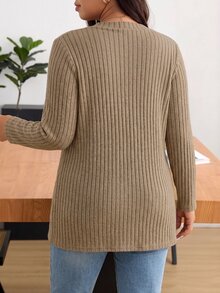 SHEIN LUNE CURVE Plus Size Buttonless Ribbed Knit Cardigan Women, Loose Fit With Pockets Long Sleeve Outerwear Casual Commute Slimming Soft Knit Jacket - Camel - View 2