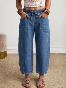EMERY ROSE Plus Size Women's Drawstring Waist Pocket Casual Everyday Denim Jeans - Blue - View 7