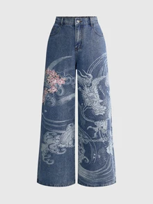 ROMWE Street Life Japanese Dragon & Floral Print Plus Size Denim Wide Leg Pants - Blue - View 1