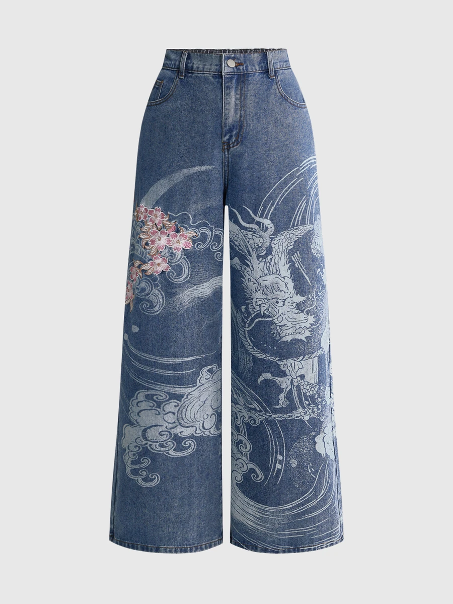 ROMWE Street Life Japanese Dragon & Floral Print Plus Size Denim Wide Leg Pants - Blue - View 1