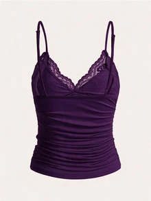 SHEIN ICON 對比色蕾絲抓皺 Y2K 細肩帶背心上衣 - 紫色 - 查看 2