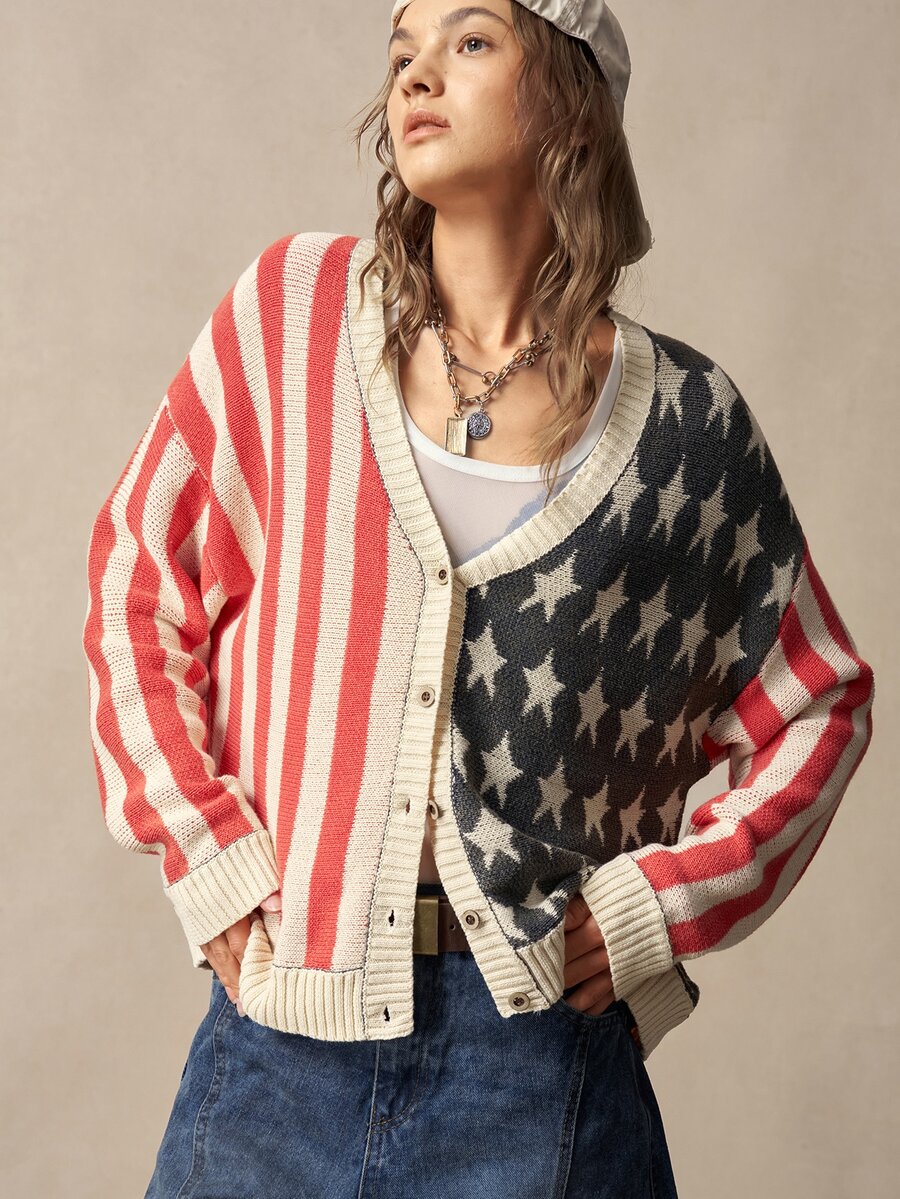Bohemela Women's V-Neck Striped Casual Daily Cardigan - Multicolor - View 1