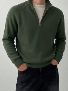 Manfinity Homme Men's Fitted Raglan Sleeve Long Sleeve Ribbed Zip Collar Pullover Knit Sweater, Men's Commute Workplace Outfit, Casual Daily Wear, Autumn/Winter Fashion Men's Sweater - Army Green - View 1