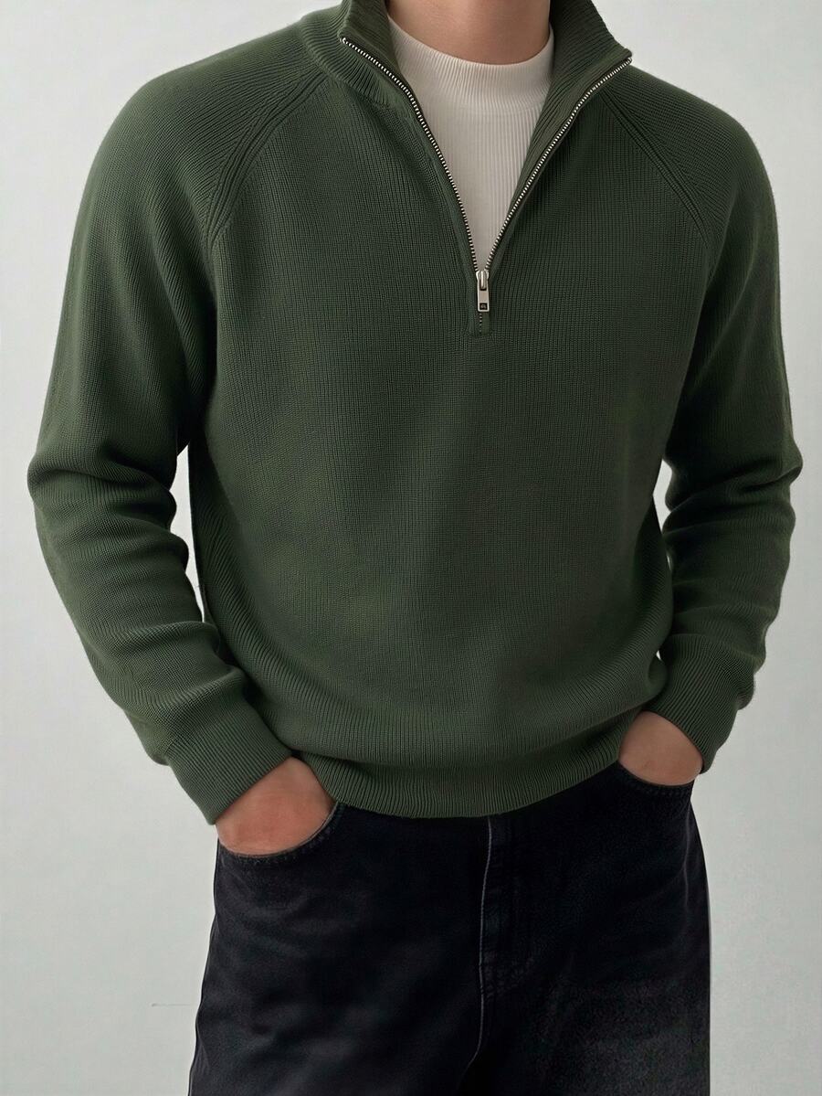 Manfinity Homme Men's Fitted Raglan Sleeve Long Sleeve Ribbed Zip Collar Pullover Knit Sweater, Men's Commute Workplace Outfit, Casual Daily Wear, Autumn/Winter Fashion Men's Sweater - Army Green - View 1