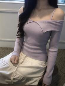 DAZY Solid Color Fitted Square Neck Long Sleeve Elegant Vacation Korean Style Autumn/Winter Knit Sweater For Women - Purple - View 7
