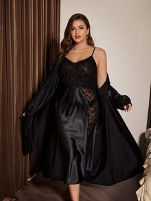 Slumberist Black Lace Patchwork Sexy Hollow Out Faux Silk Plus Size Women's Camisole Nightgown And Robe Set - Black - View 1
