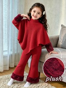 SHEIN Playful Pals 嬰兒女童秋冬休閒百搭 T 恤套裝，設計感不對稱套頭高領針織面料紅色素色長袖上衣，搭配紅色休閒喇叭長褲，2 件套，適合秋冬，可愛甜美風格，簡單保暖，適合外出、旅行與度假，0-3 歲 - 紅色 - 查看 3
