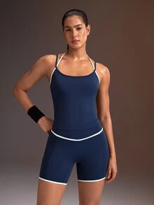 Powerista Women's Blue & White Tight Tank Top & Tight Shorts Sports Set - Blue and White - View 5