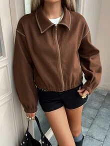 Livesso Women's Fashion Street Maillard Drop Shoulder Jacket - Brown - View 4