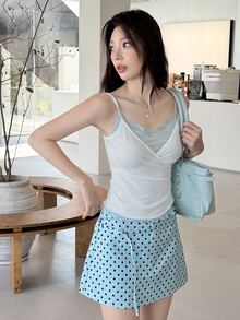 K-Vae Korean Style Sexy Lace Patchwork 2 In 1 Camisole Tank Top - Green - View 5