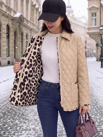 SHEIN Clasi Chaqueta casual de invierno para mujer con forro de estampado de leopardo, manga larga y abotonadura sencilla