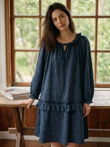 DAZY Women's Solid Color Pleated Casual Daily Home Sleep Dress - Navy Blue - View 9