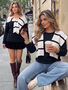 Vionelle Plus Size Women's Fashion Striped Shawl Minimalist Pullover Sweater Casual Autumn/Winter Daily Versatile Top 2 Pieces Set - Multicolor - View 1