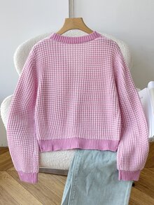 SHEIN 青少年女孩秋冬休閒優雅復古學院風粉色與白色格紋提花針織開襟外套，年輕時尚穿搭，適合搭配襯衫與洋裝，完美適用於返校季、秋冬出遊與日常穿著 - 粉色 - 查看 3
