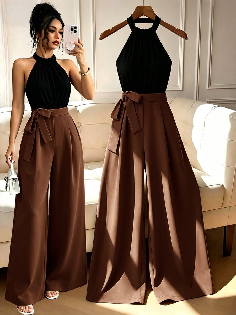 GlowEve Fashionable Elegant Commute 2 In 1 Cold Shoulder Round Neck Tank Top Wide Leg Pants Jumpsuit - Brown - View 1