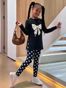 SHEIN 少女蝴蝶結圖案長袖T恤與愛心印花內搭褲2件套，可愛休閒修身運動風校園穿搭套裝 - 黑色 - 查看 1