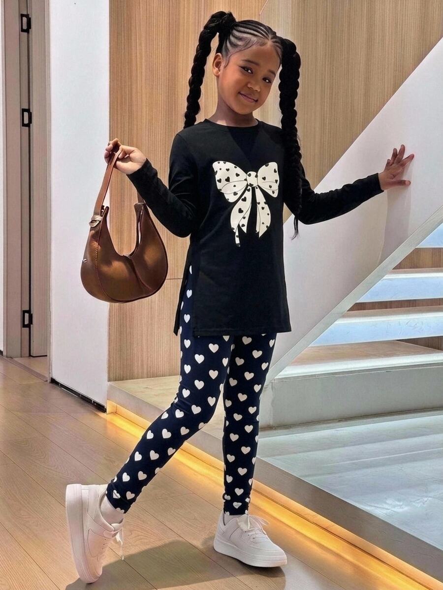 SHEIN 少女蝴蝶結圖案長袖T恤與愛心印花內搭褲2件套,可愛休閒修身運動風校園穿搭套裝 - 黑色 - 查看 1