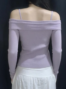 DAZY Solid Color Fitted Square Neck Long Sleeve Elegant Vacation Korean Style Autumn/Winter Knit Sweater For Women - Purple - View 2