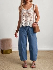 EMERY ROSE Plus Size Women's Drawstring Waist Pocket Casual Everyday Denim Jeans - Blue - View 6