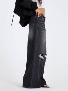 MUSERA Jeans Abu-abu Denim Longgar dengan Efek Sobek, Pakaian Kasual Wanita untuk Musim Gugur dan Musim Dingin - Hitam - View 2