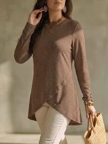 SHEIN LUNE Women's Autumn/Winter New Hot-Selling Round Neck Asymmetrical Hem Mid-Length Plus Size T-Shirt - Coffee Brown - View 5