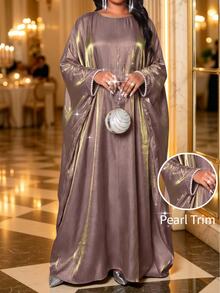 Fleurora Plus Size Elegant Luxury Faux Pearl Decor Dress - Dusty Pink - View 1