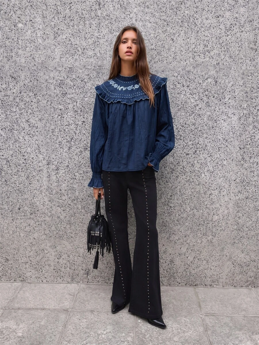 Nöista 女款花卉刺繡圖案休閒日常穿著襯衫 - 寶藍色 - 查看 1