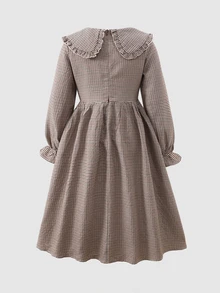 Tween Girl Tween Girl Tween Girl Tween Girls Long Sleeve Plaid Cinched Waist Bow Exaggerated Collar Long D - Khaki - View 5