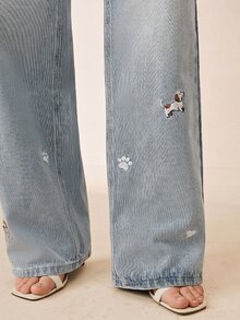 Anewsta Women's Washed Blue Embroidered Puppy Pattern Straight Leg Jeans - Blue - View 3