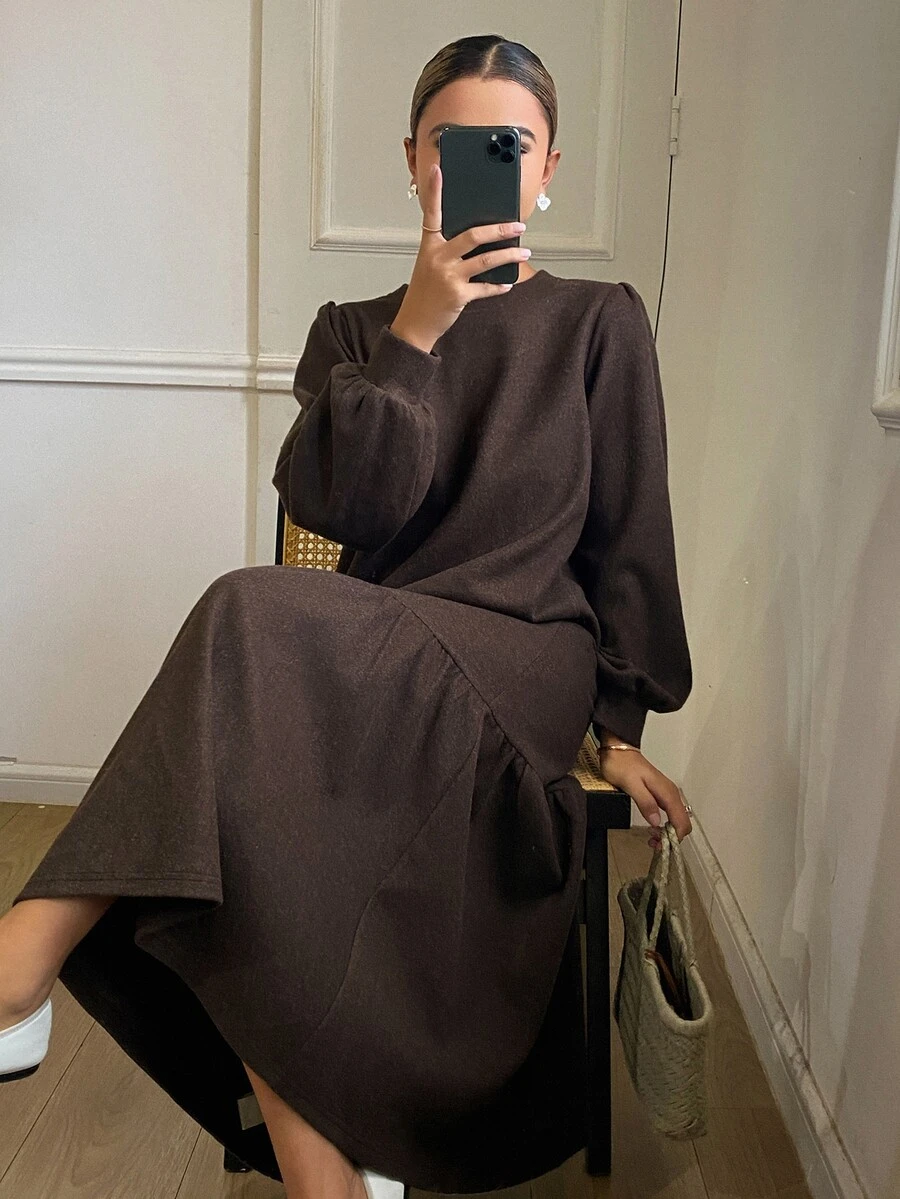 DAZY Autumn/Winter Round Neck Deep Coffee Color Petal Sleeve Loose A-Line Skirt Simple Elegant Commute Daily Women's Mid-Length Dress - Coffee Brown - View 1