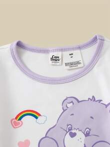 SHEIN X Care Bears GraphicGems 2件組秋冬少女聯名可愛卡通彩色彩虹熊印花柔軟舒適貼身高彈薄款圓領套頭長袖長褲家居服套裝 - 紫色 - 查看 3