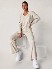 SHEIN BASICS Women's Solid Color V-Neck Long Sleeve Top And Pants Casual Daily 2 Pieces Set - Apricot - View 11