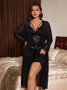 Slumberist Plus Size Lace Trim Spliced Milk Silk Nightgown + Mesh Robe Set - Black - View 5