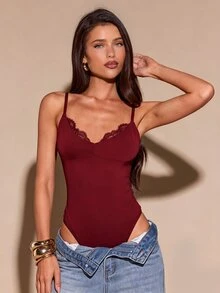 SHEIN BAE 春夏蕾絲拼接細肩帶連身內衣，性感修身內搭，辣妹風 - 酒紅色 - 查看 7