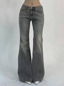 DAZY Women's Minimalist Low Waist Zipper Fly Flare Jeans Suitable For Daily Wear - Grey - View 1