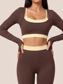 SHEIN BAE Women's Asymmetric Square Neck Colorblock Patchwork Cropped Casual Sports Long Sleeve T-Shirt - Coffee Brown - View 6