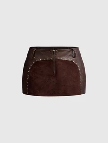 ROMWE Autumn/Winter Hippie Hot Girl Ultra Low Waist Fitted Patchwork PU Rivet Decor Women's Mini Skirt - Brown - View 1