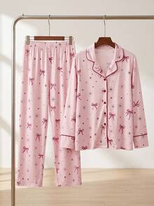 Livesso Women's Bow Print Single-Breasted Long Sleeve Top And Pants Pajama Set - Pink - View 8