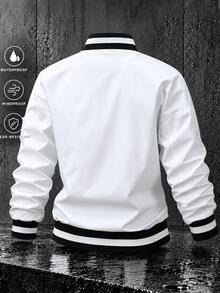 Manfinity Homme Jaket Baseball Pria Warna Putih, Model Longgar dengan Resleting, Cocok untuk Perjalanan Sehari-hari dan Liburan Akhir Pekan - Putih - View 2