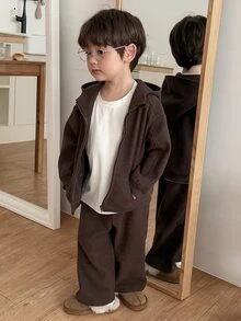 DAZY Baby Girl Solid Color Zip-Up Hoodie And Pants Casual Daily Set - Coffee Brown - View 2