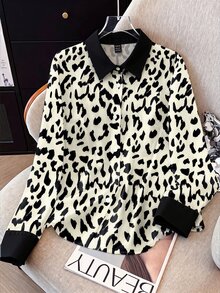 GlowEve CURVE Plus Size Vintage Leopard Print Elegant Commuter Minimalist High-End Comfortable Loose Casual Everyday Versatile Long Sleeve Shirt, Spring/Summer/Autumn - Apricot - View 5