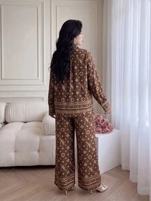 Vibekara Versatile Elegant Brown All-Over Print Long Sleeve Shirt + Straight Leg Wide Leg Pants Loose Fit Slimming Casual 2 Pieces Set - Rust Brown - View 2