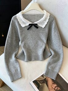 Elamini Women's Gray Casual Versatile Sweet Preppy Style Daily Commute Pullover Sweater With Turn-Down Collar, Autumn/Winter - Grey - View 1